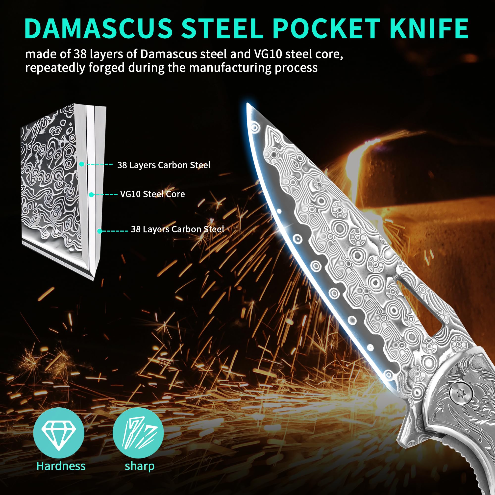 🐺 Damascus Pocket Knife – Handmade VG10 Steel with Abalone Shell Handle