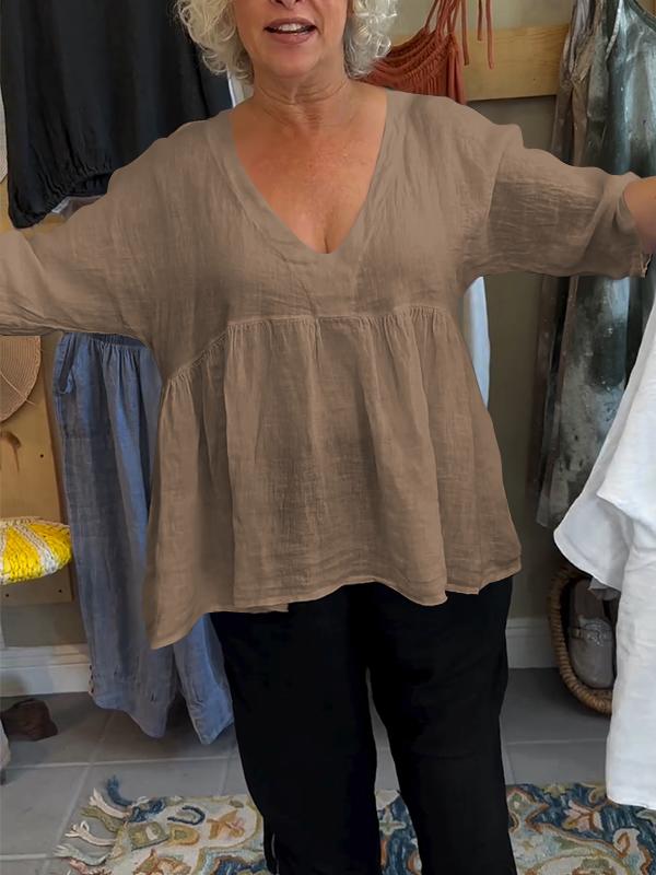 Women's Linen V-neck Solid Color Mid-sleeve Top