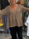 Women's Linen V-neck Solid Color Mid-sleeve Top