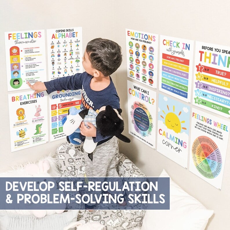⏰LAST DAY SALE 50% OFF💥12 Pcs Calming Corner Posters – Emotions Chart & Feelings Wheel