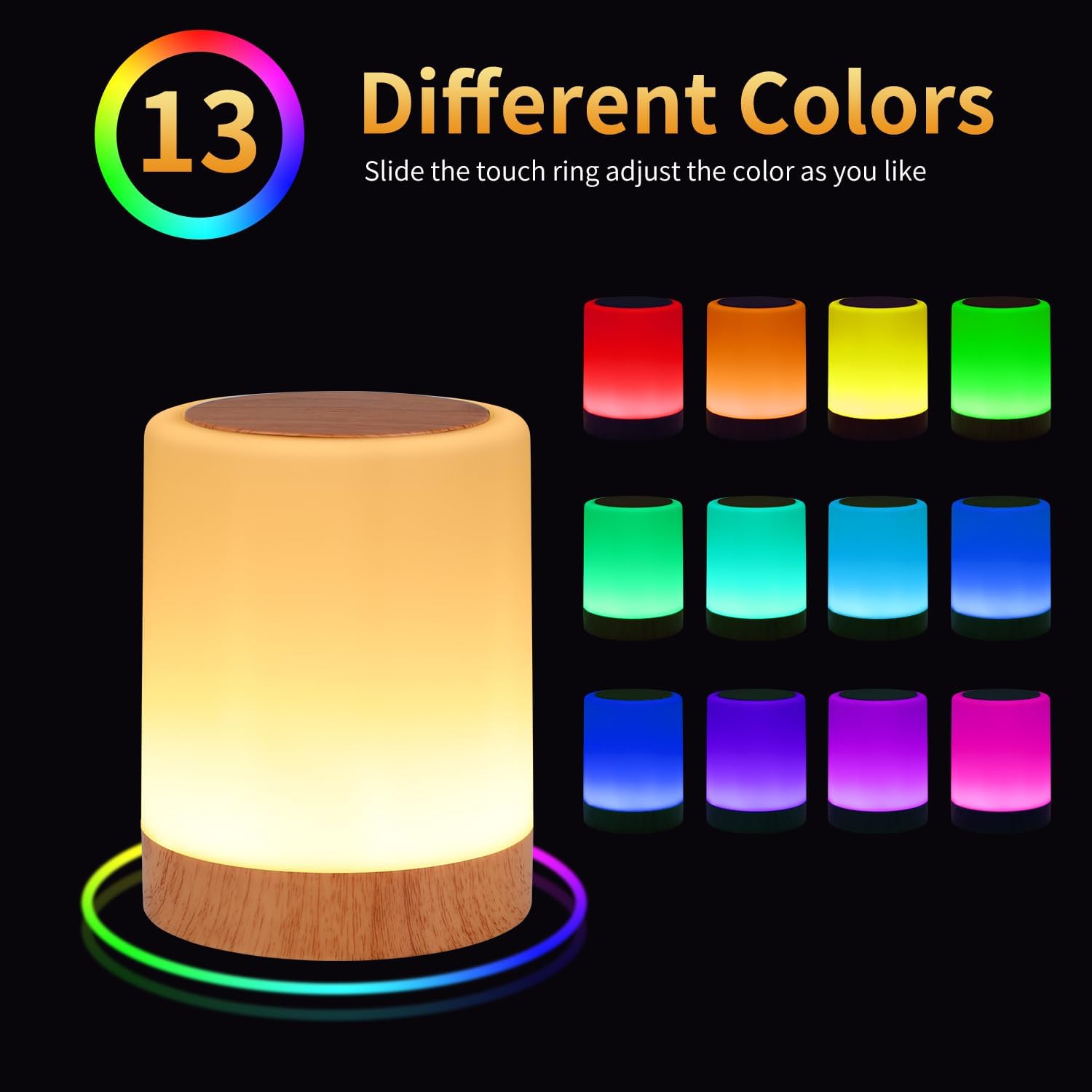 Touch Bedside Table Lamp,13 RGB Colors & 5 Brightness, USB Rechargeable Desk Lamp, Remote Control Dimmable Night Light with RGB Color Changing,Portable Lamp for Baby, Bedroom, Living Room