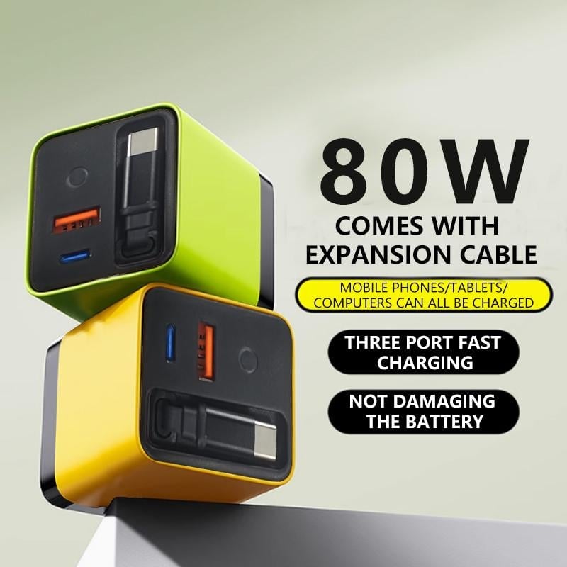 🎁TikTok Last Day Sale - 70% OFF🎉 3 in 1 GaN Charger,Scalable 80W MAX fast charger module with Type-C cable and 2 USB ports