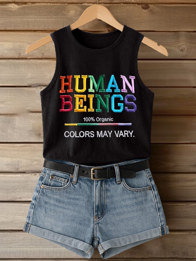 Retro Human Beings 100% Organic Colors May Vary Human Rights Equality Pride Print Tops Tank