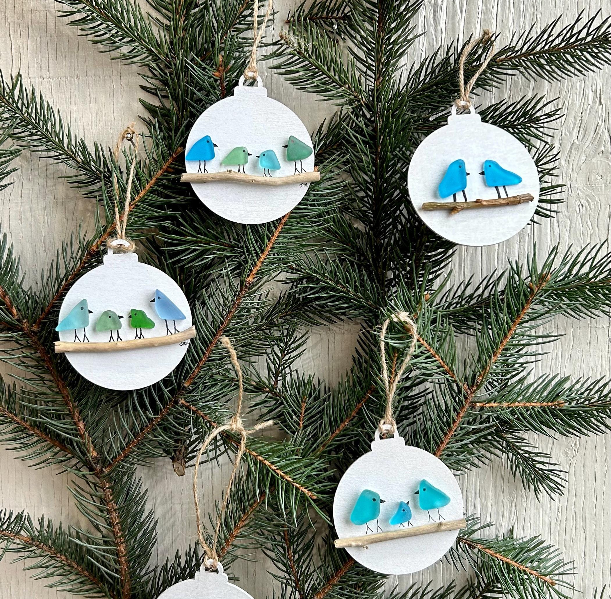 Handmade Family of Sea Glass Birds Christmas Ornament