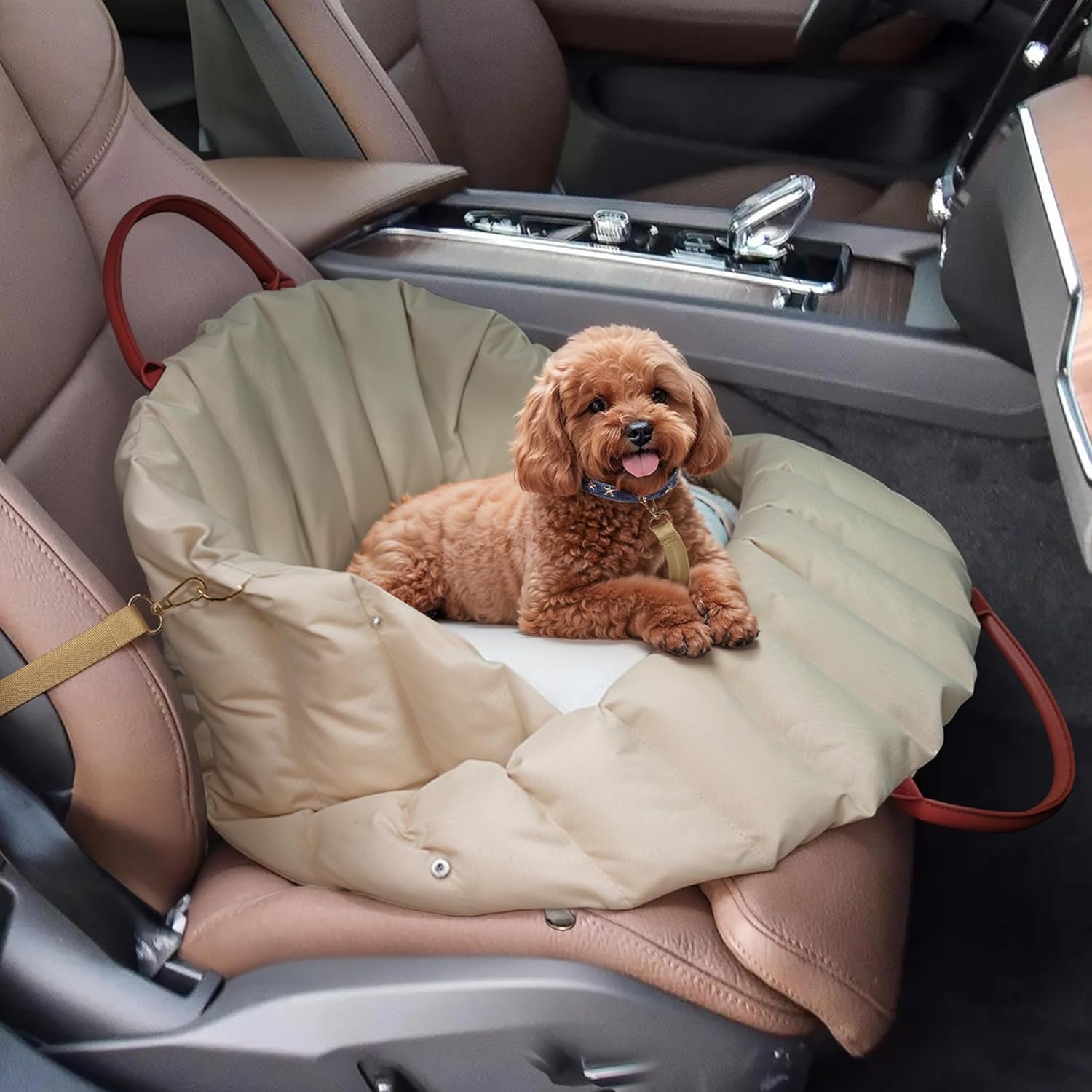 VERCART Hunde Autositz für Kleine Hunde unter 18 kg 2 in 1 Hundeautositz Stabiler Hunde Sitzerhöhung mit Sicherheitsgurten für Haustiere Beige