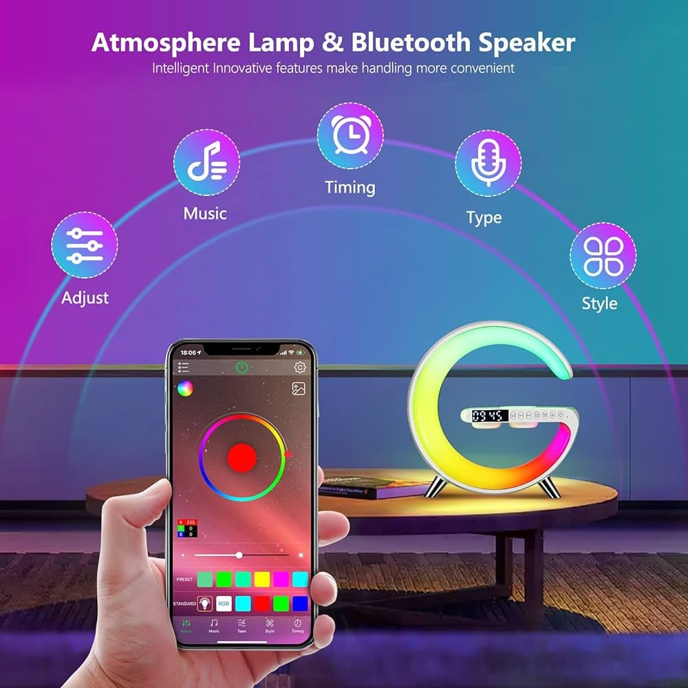 🔥Multifunctional Bluetooth Speaker-Colorful Atmosphere Light Wireless Charging and Clock All-in-one Machine