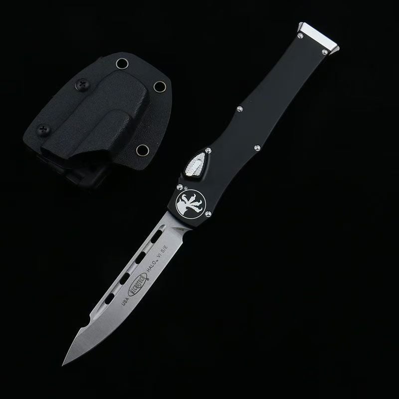 OTF micro-tech black handle Halo 6 lever straight jump knife