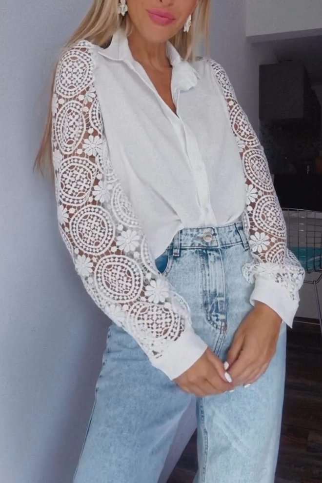 Women's Fashion Solid Color Lace Sleeve Splicing Shirt
