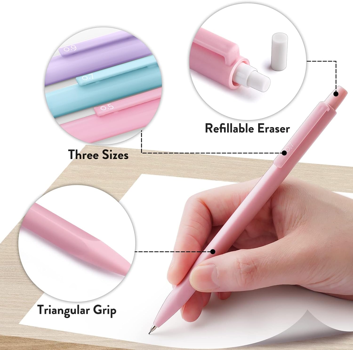 Four Candies Cute Mechanical Pencil Set, 6PCS Pastel Mechanical Pencils 0.5 & 0.7mm with 360PCS HB Pencil Leads, 3PCS Erasers and 9PCS Eraser Refills, Aesthetic Mechanical Pencils for Girls Writing