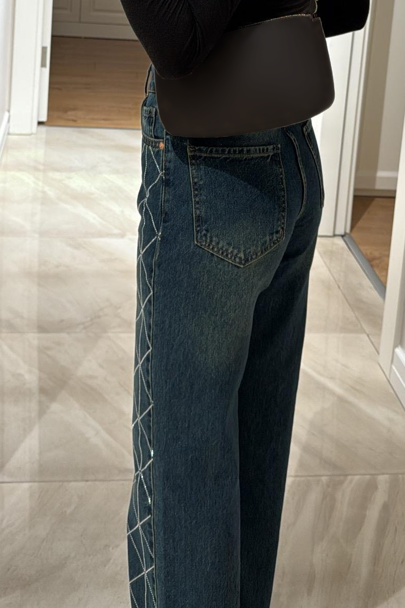 Women's Fashion High Waist Diamond Hot Diamond Straight Jeans