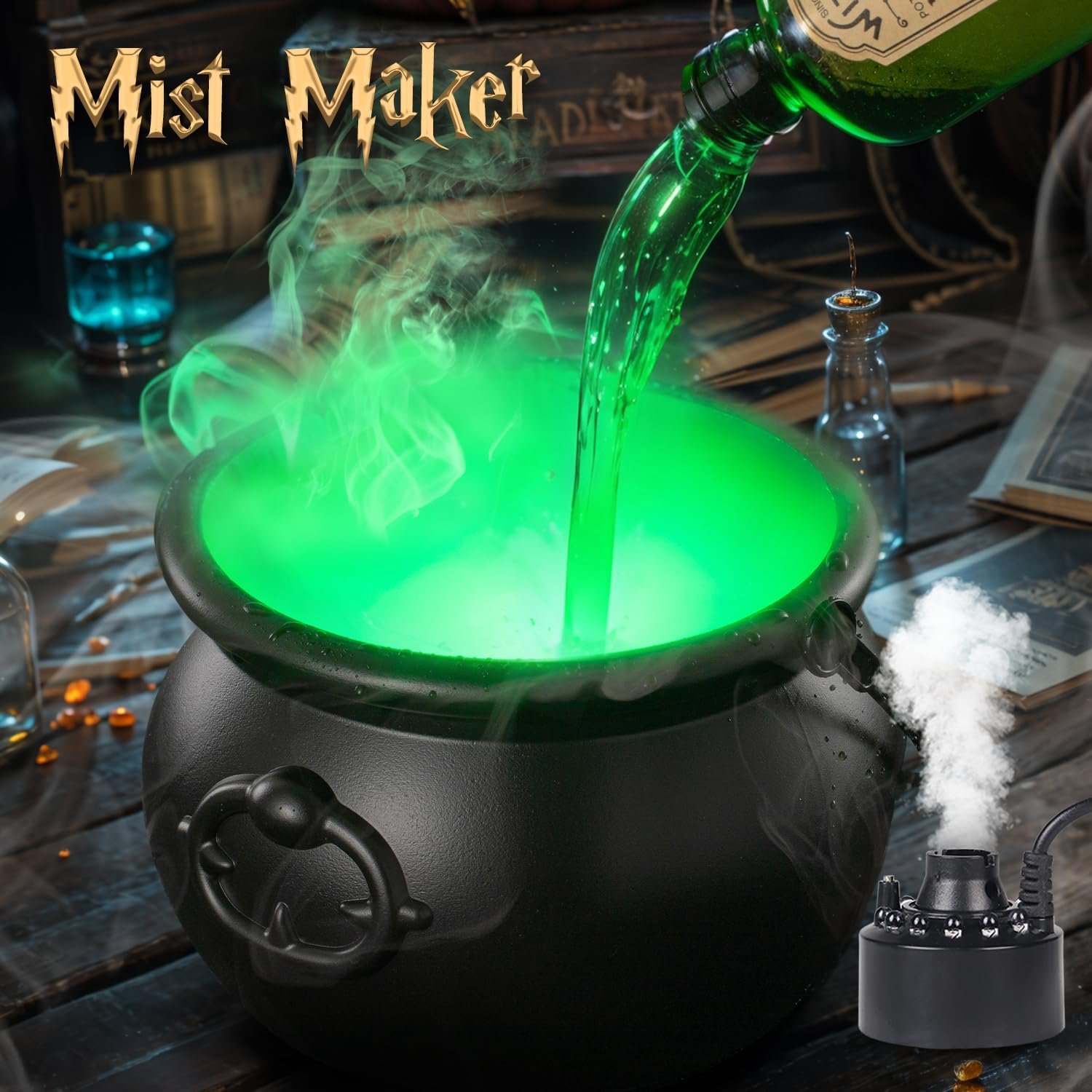 Halloween Witches Cauldron with Magical Floating Potion Bottles and Fog Maker Diffuser