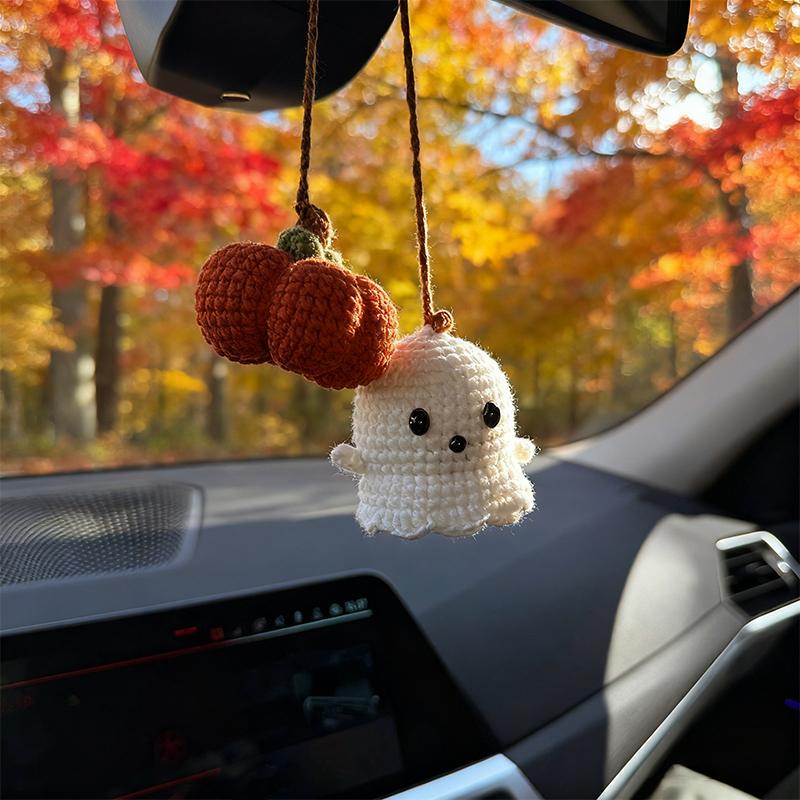 🎁TikTok Last Day Sale - 70% OFF👻Crochet Ghost & Pumpkin Rear View Mirror Hanging Car Charm