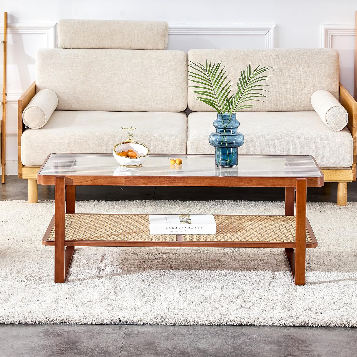 Mid Century Modern Coffee Table with Storage, 41.3 Inch Rectangle Wooden Accent Center Tables with Sliding PE Rattan Woven Door Panel and Solid Wood Legs, Suitable for Living Room, Apartment