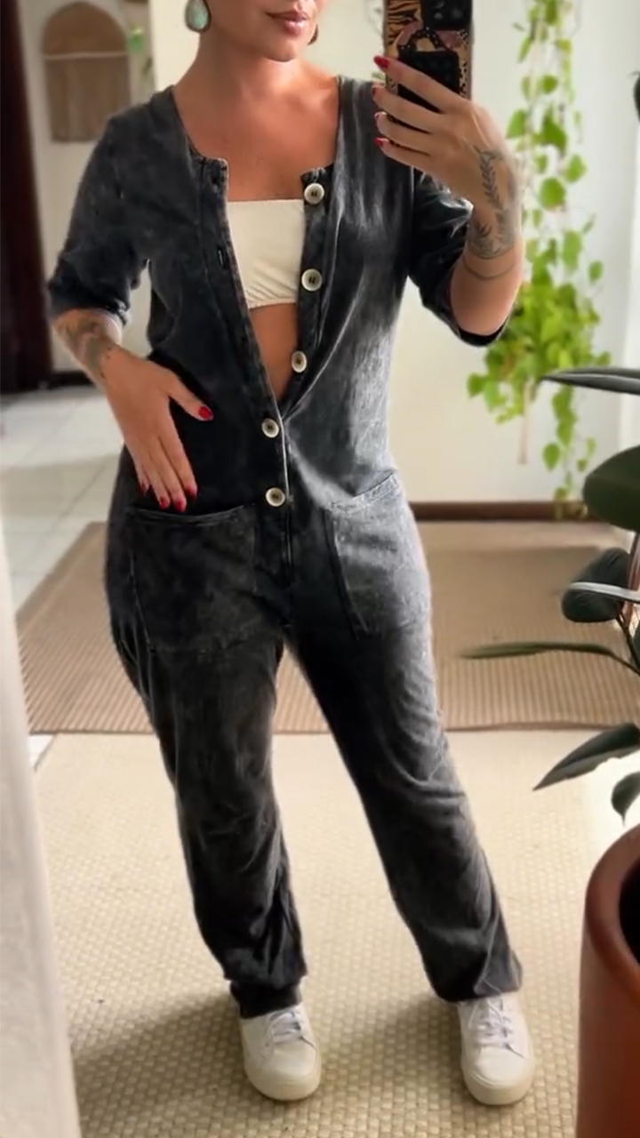 Women's Round Neck Button-down Casual Jumpsuit
