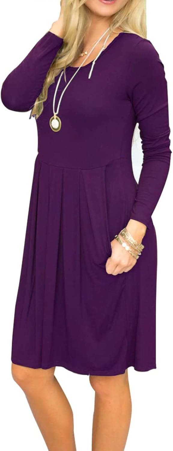 AUSELILY Women's Long Sleeve Pleated Loose Swing Casual Dress with Pockets Knee Length