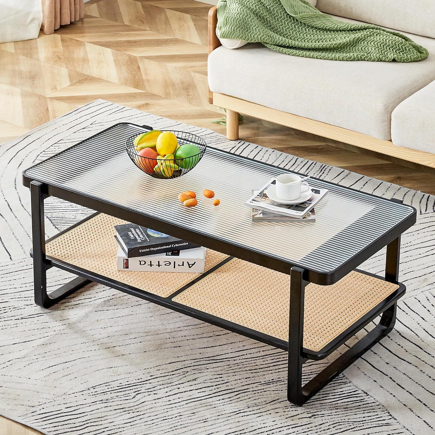 Mid Century Modern Coffee Table with Storage, 41.3 Inch Rectangle Wooden Accent Center Tables with Sliding PE Rattan Woven Door Panel and Solid Wood Legs, Suitable for Living Room, Apartment