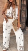 Ladies' Round Neck Vest Tassel Top+printed Pants Casual Suit