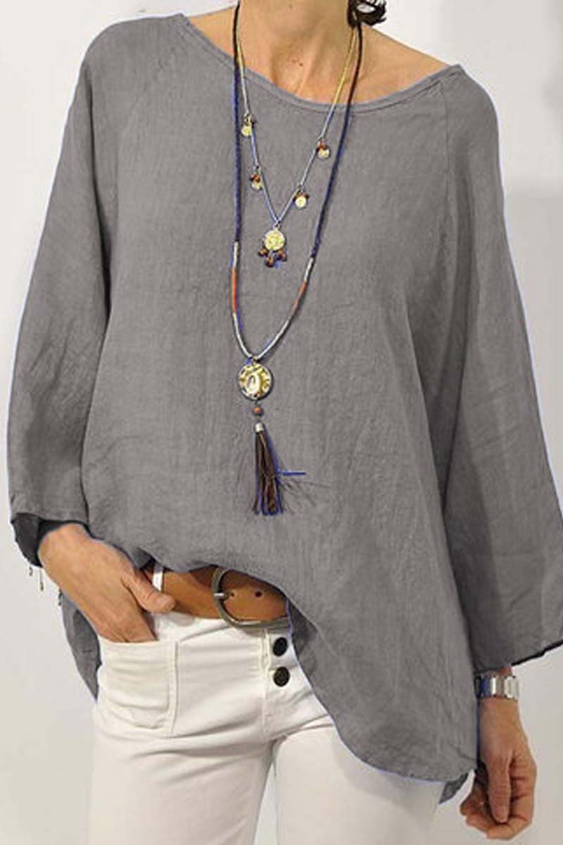 Women's solid color cotton and linen round neck nine-quarter sleeve top