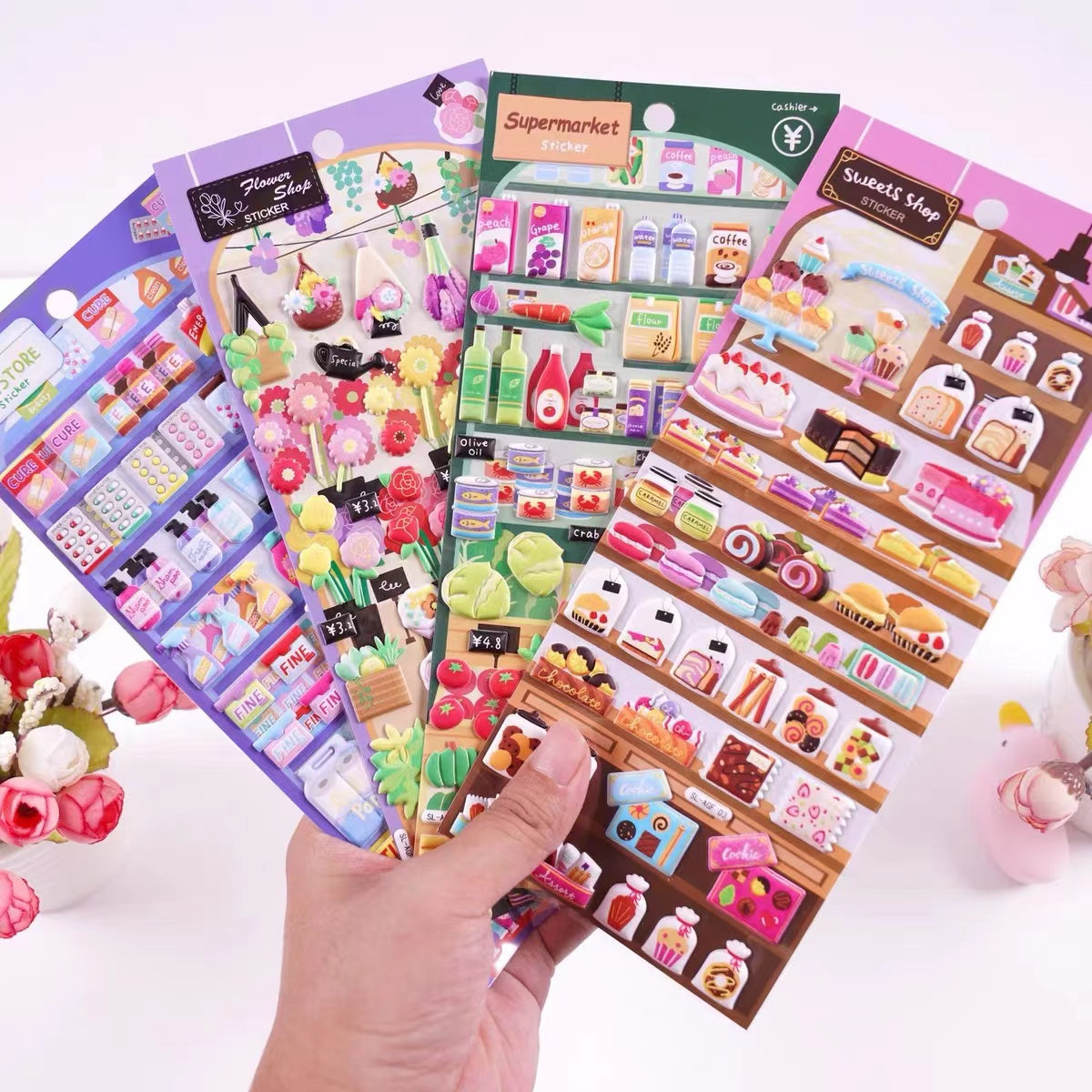 3D Puffy Stickers, Flower Shop|Supermarket|Drug Store|Sweet Shop