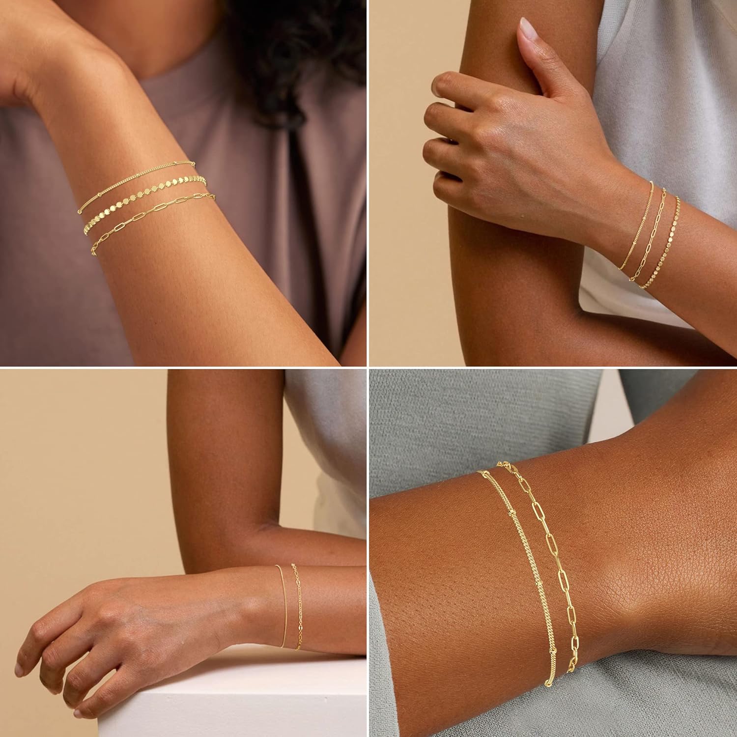 Gold Bracelets for Women, 14K Dainty Gold Plated Stackable Bracelets for Women Trendy Gold Bracelet Stack Set Waterproof Chain Bracelets Paperclip Adjustable Tennis Minimalist Tiny Cute Jewelry