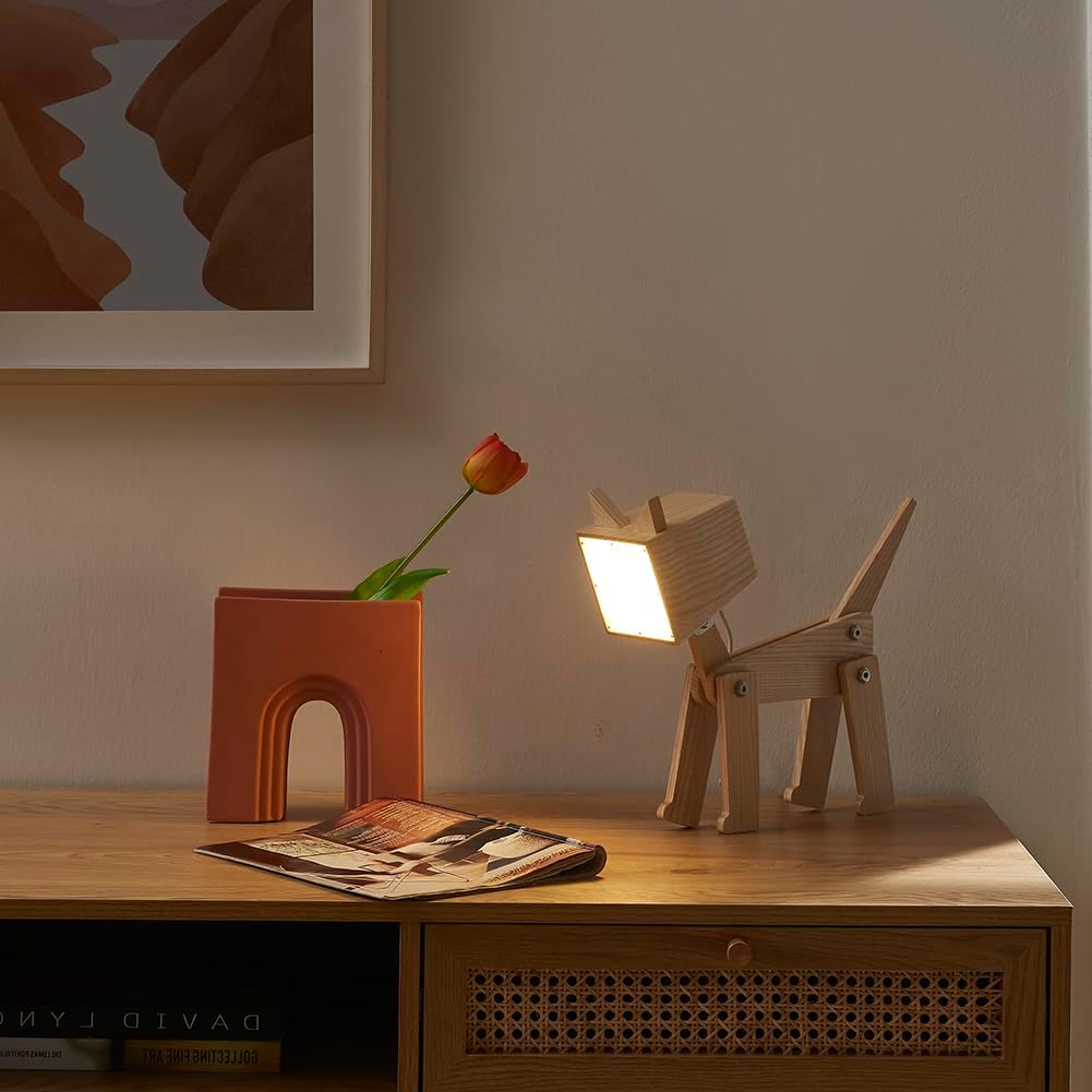 Unique Bedside Table Lamp Cat Adjustable Body Fun Wooden Desk Lamp with Dimmable Touch Switch Warm White Light Gift for Kids Room, Living Room, Boy's Girl's Bedroom, College Dorm, Bookcase