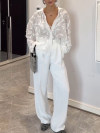Women's Lapel Leaf Embroidered Button Casual Top