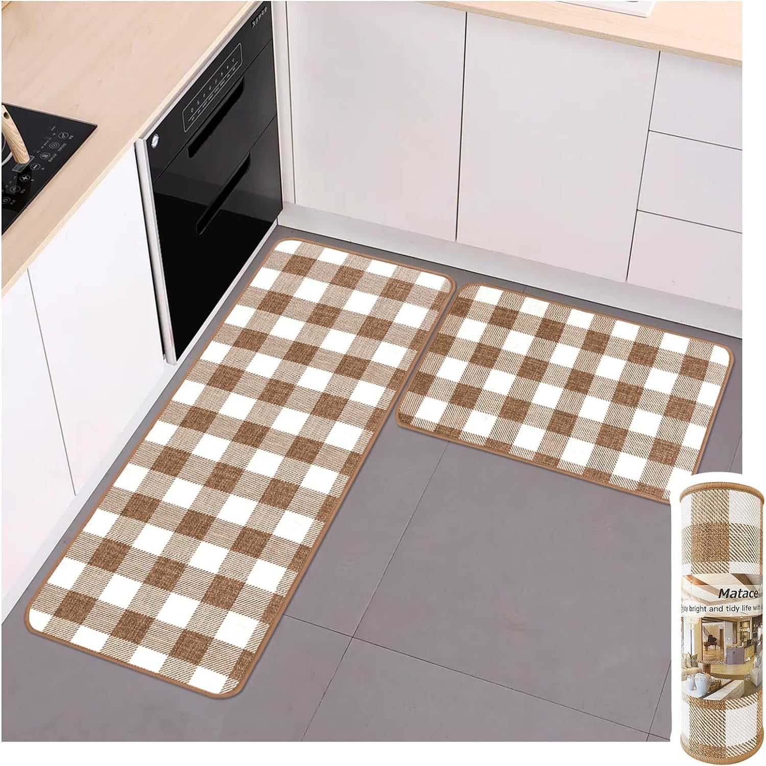 Buffalo Check Plaid Kitchen Rug Set - 2PCS (17x47 & 17x29), Farmhouse Style, Non-Printed Woven Surface, Non-Slip, Machine Washable, Black & White