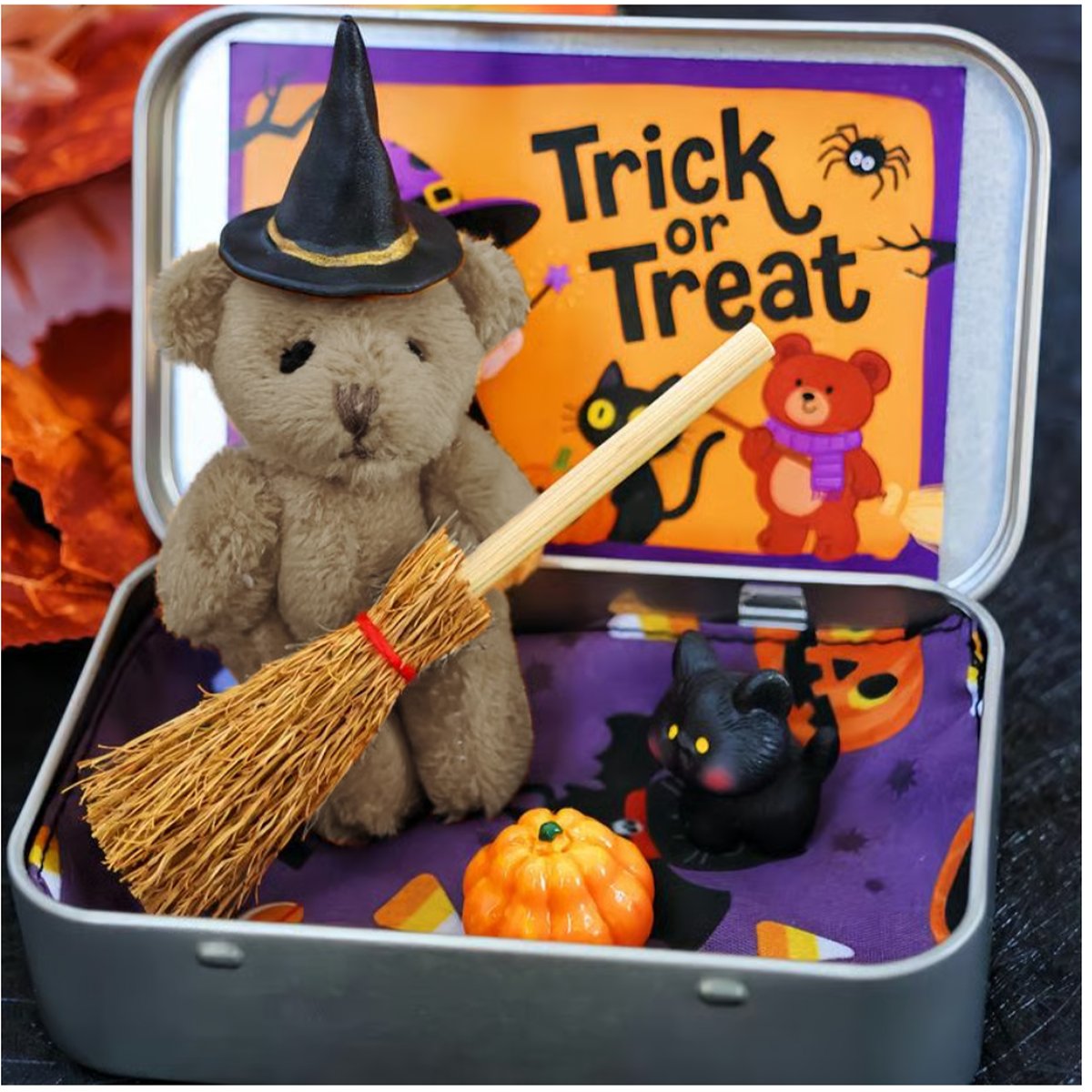 🔥Last Day Promotion 50% OFF🔥Cute Halloween Teddy Bear in a Box with wizard hat, Broom, Pumpkin & Cat