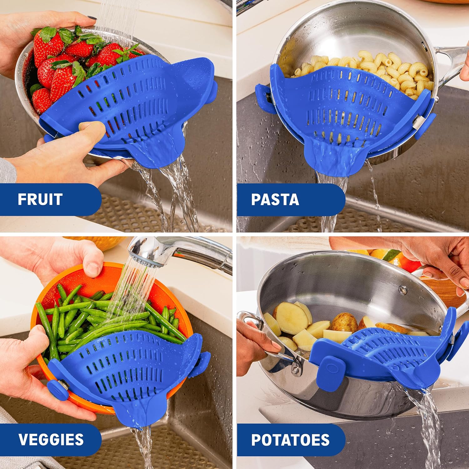 Kitchen Gizmo Snap N' Strain - Silicone Clip-On Colander, Heat Resistant Drainer for Vegetables and Pasta Noodles, Kitchen Gadgets for Bowl, Pots, and Pans - Essential Home Cooking Tools - Grey