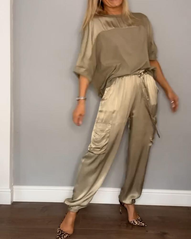 Women's Smooth Satin Half-sleeved Top and Pant Two-piece Suit