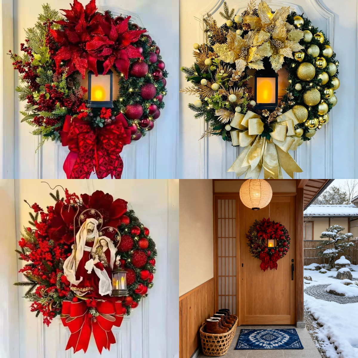 💝Christmas Decorations Christmas Day Oil Lamp and Red Flower Christmas Jesus Brand Wreath Door Hanging Decorative Bow