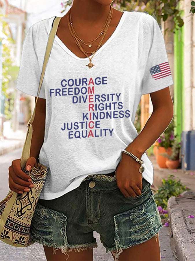 V-Neck Retro America Courage Freedom Diversity Rights Kindness Justice Equality Print T-Shirt