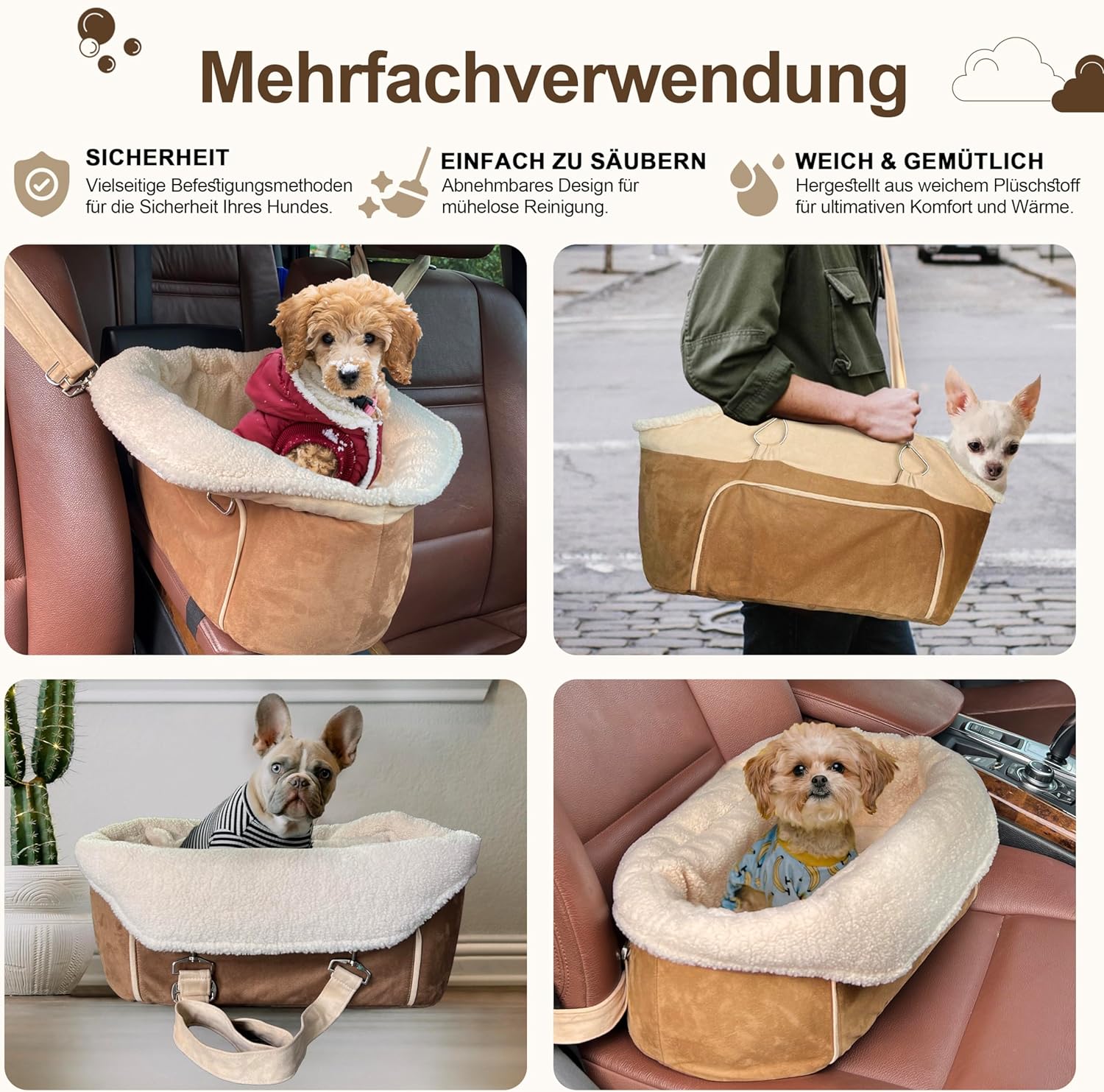 VERCART Hunde Autositz für Kleine Hunde unter 18 kg 2 in 1 Hundeautositz Stabiler Hunde Sitzerhöhung mit Sicherheitsgurten für Haustiere Beige