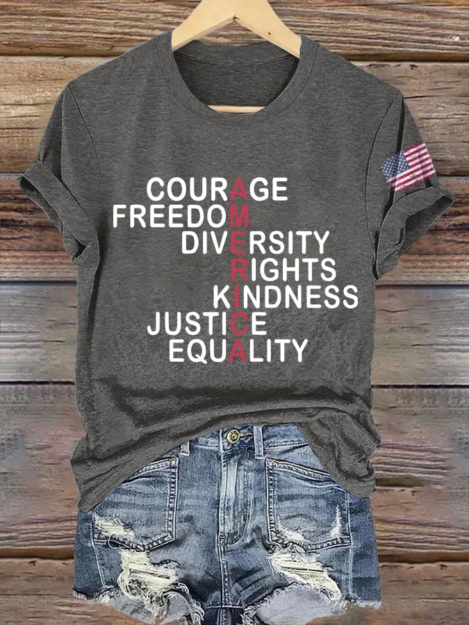 Retro America Courage Freedom Diversity Rights Kindness Justice Equality Print T-Shirt