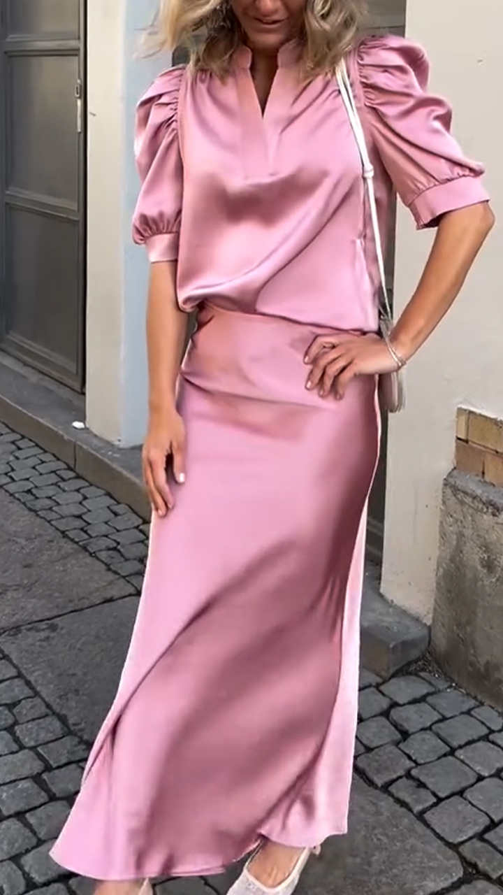 Women's V-neck Satin Top+midi Skirt Temperament Commuting Set