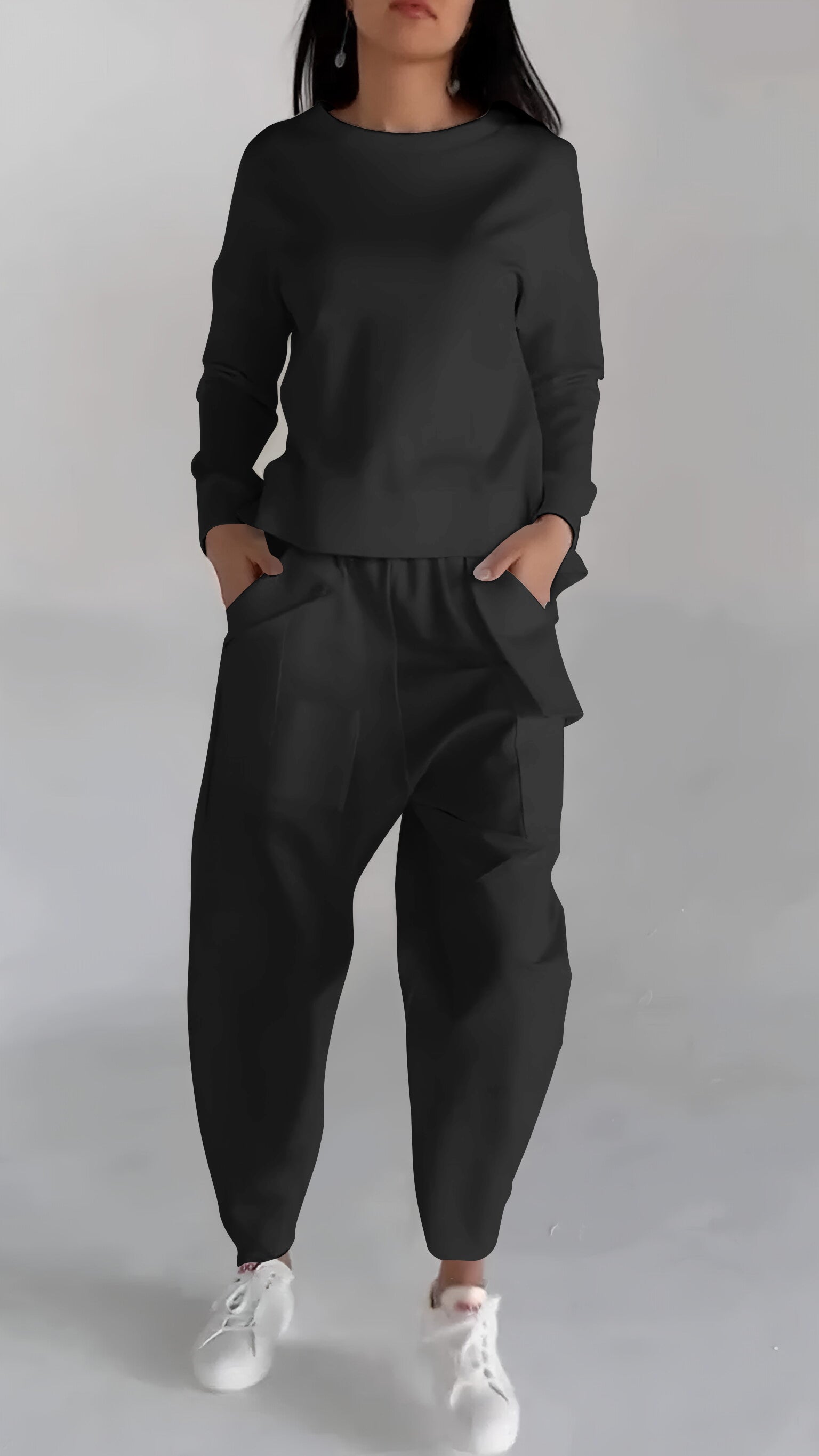 Women Fashion Casual Round Neck Long Sleeve Two Piece Suit