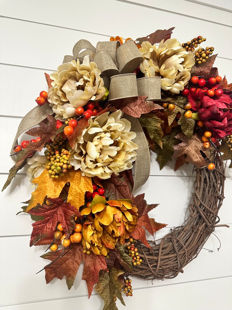 🍁Fall Harvest Sale: 60% OFF! Fall Maple Leaves Wreath, Small Autumn Front door wreath, wreath with berries and peonies, Thanksgiving Harvest Grapevine