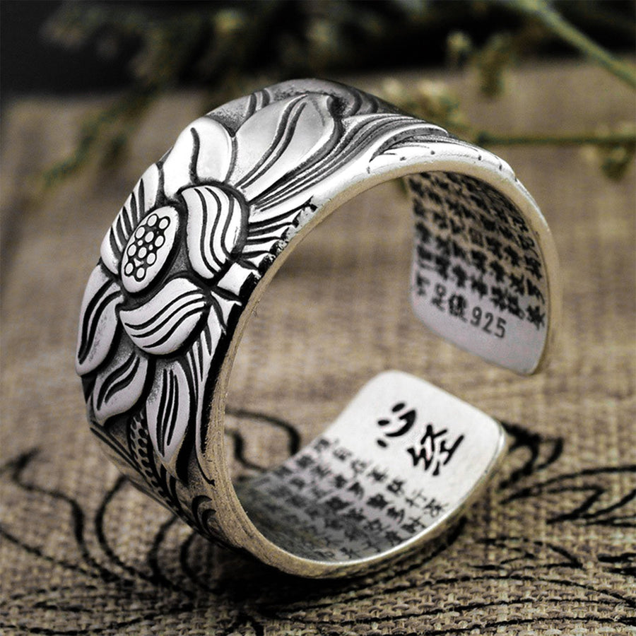 Engraved Sutra Buddhist Mantra Lotus Silver Ring- buy 2 free shipping