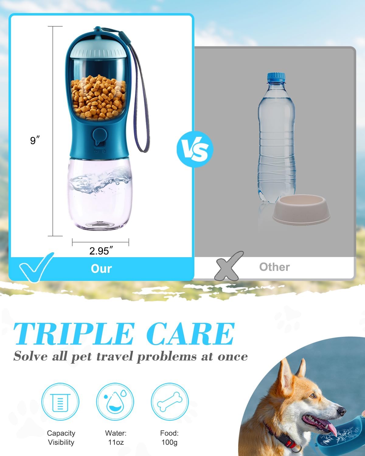 Dog Water Bottle 2 in 1, Leak Proof Portable Pet Water Bottle with Food Container, Outdoor Portable Water Dispenser for Cat, Puppy for Walking, Hiking, Camping, Travel(10oz Blue)