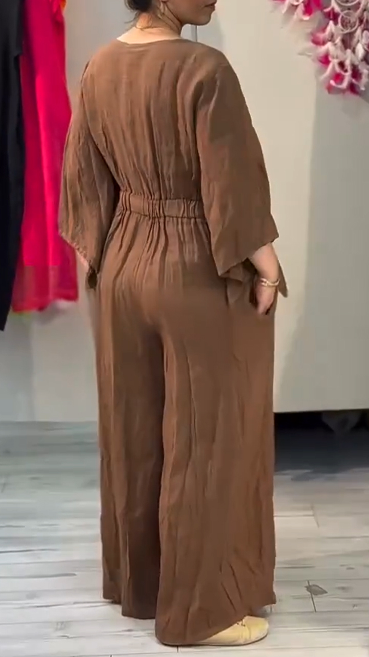 Women's V-neck Fake Two-piece Cotton and Linen Comfortable Jumpsuit