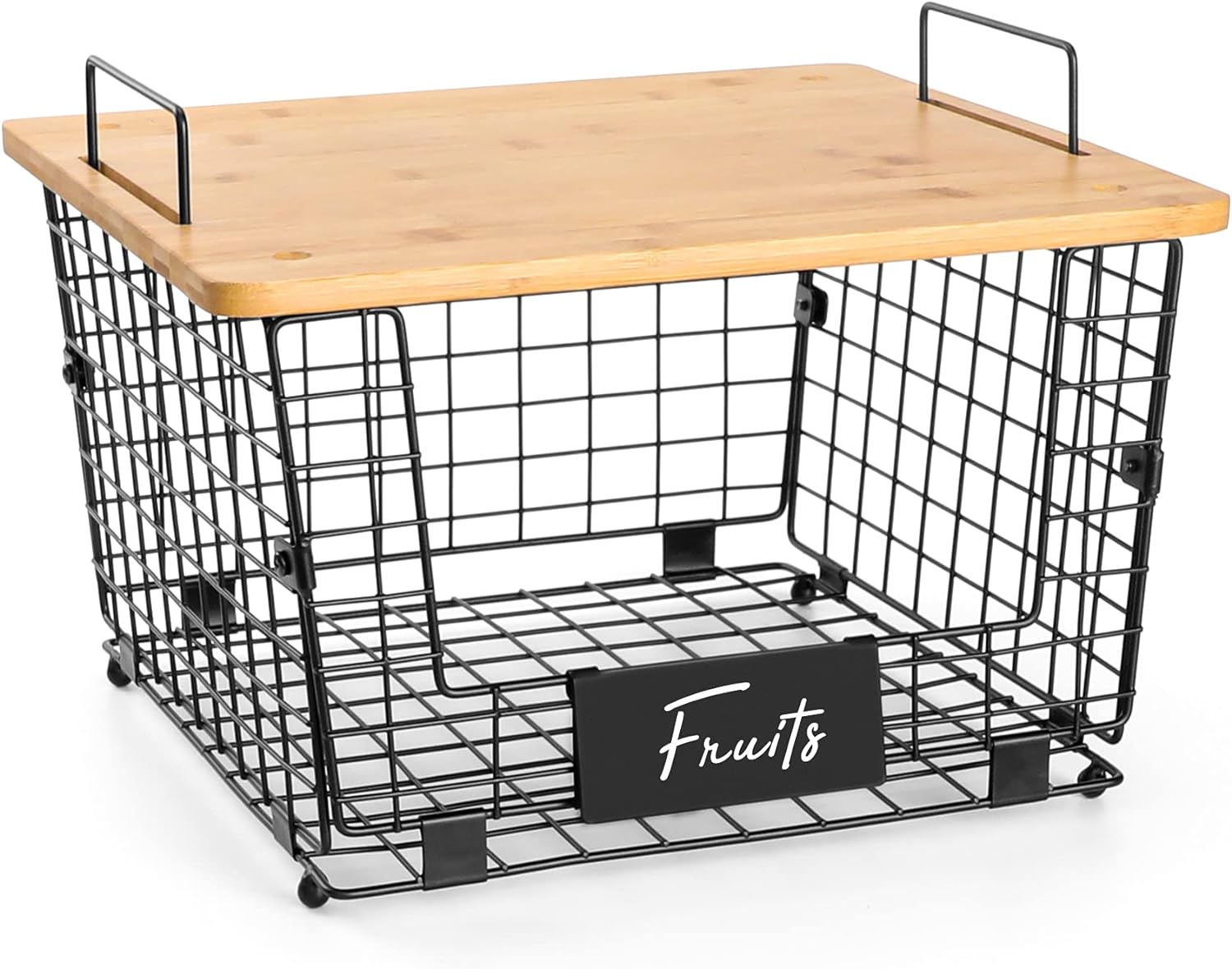 2 Set Stackable Wire Basket with Bamboo Top -Kitchen Counter, Pantry Organization and Storage - Cabinet, Shelf, Countertop Space Saving Organizing - Produce, Fruit, Onion, Potato, Bread Organizer Bin