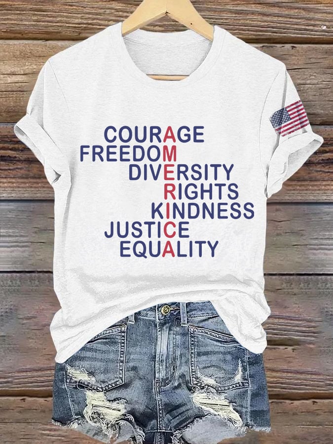 Retro America Courage Freedom Diversity Rights Kindness Justice Equality Print T-Shirt