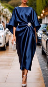 Women's Round Neck Satin Pleated Elegant Dress
