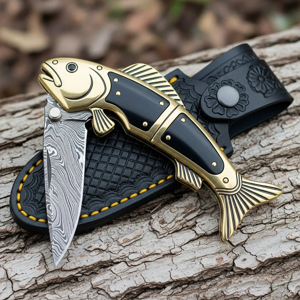 Exquisite Fish-Shaped Damascus Folding Knife