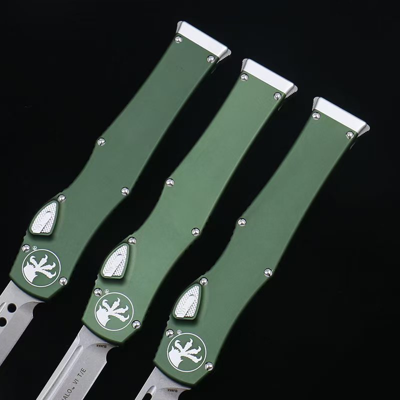 OTF micro-tech green handle Halo 6 lever straight jump knife