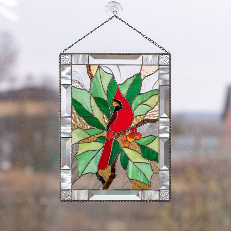 🎉Cardinal Stained Glass Window Panel🦜🦜