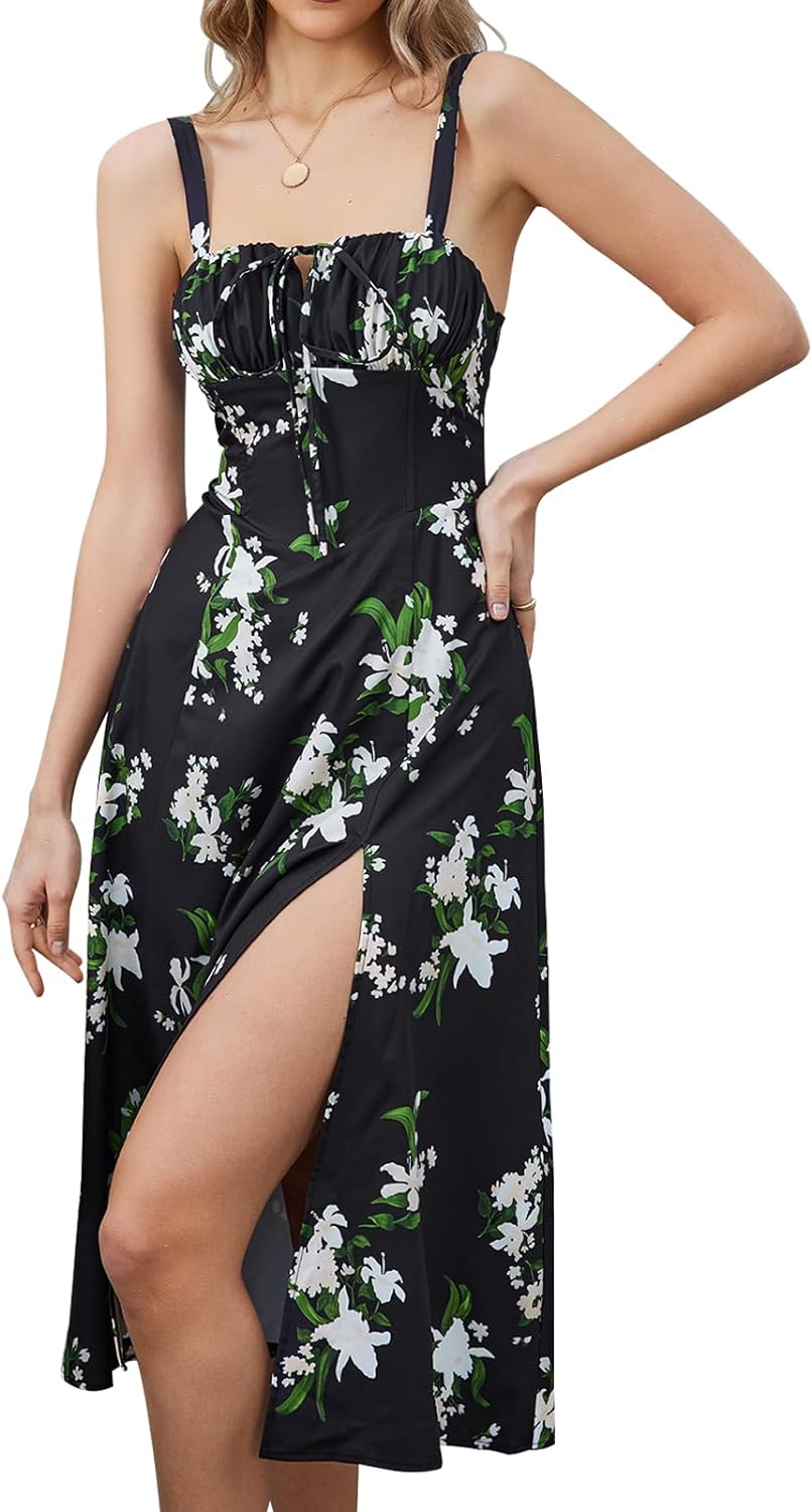 Floral Midi Corset Dress Boho Flowy Slit Lace Up Dresses for Women Going Out A Line Casual Sundress