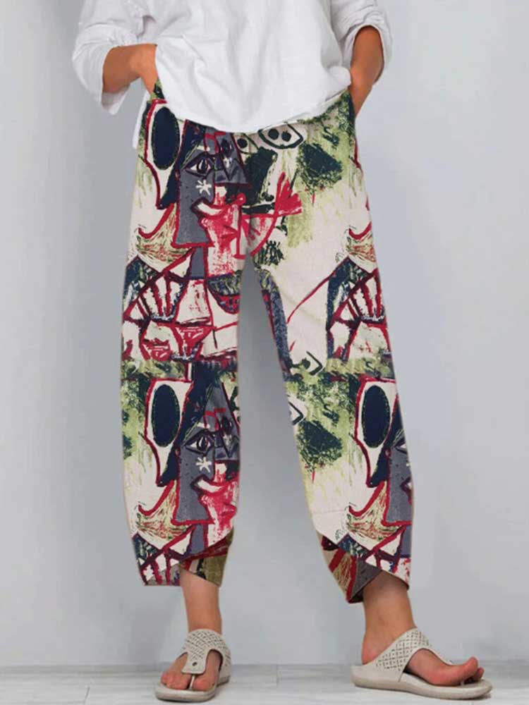 Women Colorful Print Ethnic Elastic Waist Pants