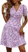 FENSACE Womens Sundress Summer Floral Short Sleeve Wrap V Neck A-Line Midi Dress