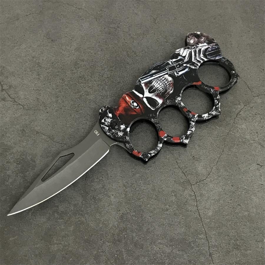 Motifs Knuckle Duster Wooden Handle Folding Knife Defense EDC